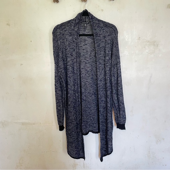 Eileen Fisher Linen Blend Cardigan Sweater Drape Front Blue & Black Knit Xl